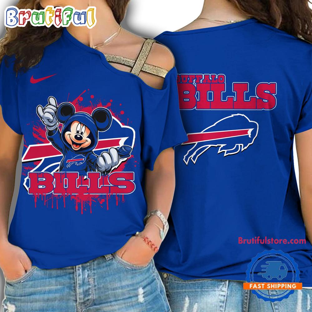 NFL Buffalo Bills Mickey Mouse Women’s Cross Strap Shoulder Shirt, Football One Shoulder Shirt