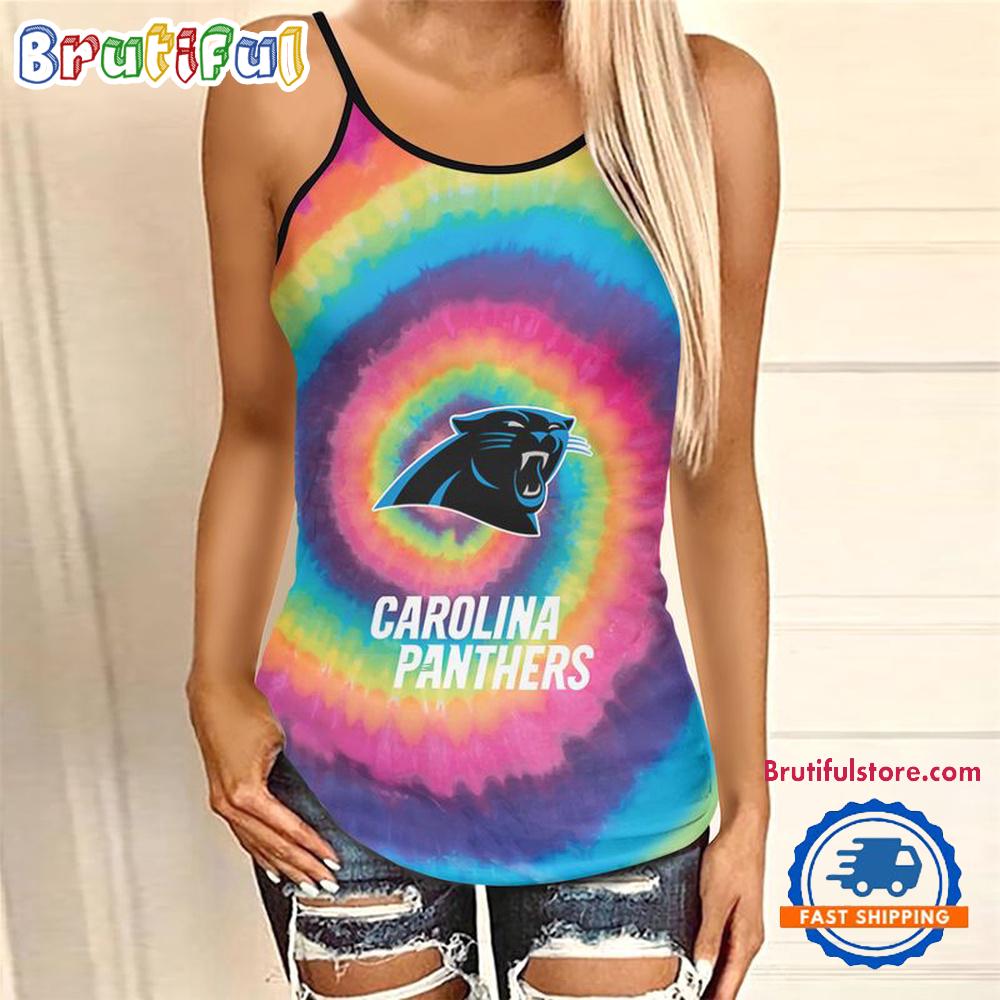NFL Carolina Panthers Rainbow Pattern Summer Women’s Criss Cross Tank Top