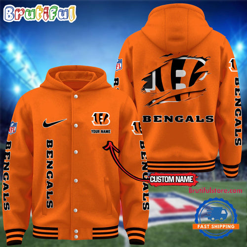 NFL Cincinnati Bengals Football New Season Design Hooded Baseball Jacket, Custom Name Sport Jacket