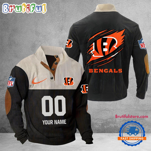 NFL Cincinnati Bengals Football Team Custom Name And Number Buttoned Collar Sweatshirt