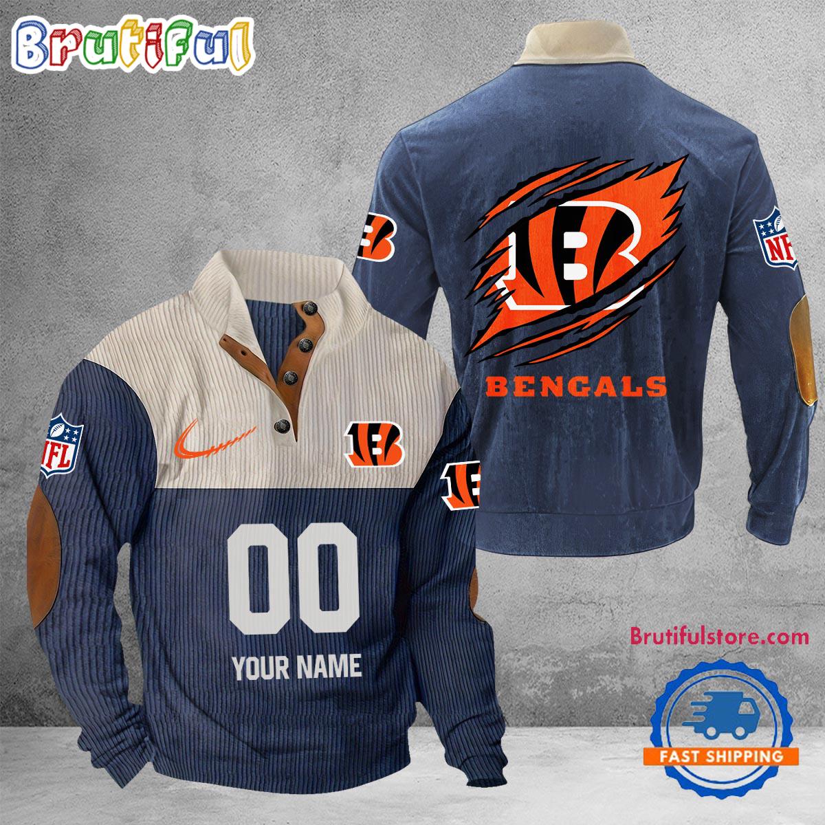 NFL Cincinnati Bengals Football Team Custom Name And Number Buttoned Collar Sweatshirt