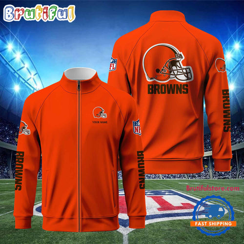 NFL Cleveland Browns Football Logo Team Standing Neck Zipper Jacket, Custom Football Zipper Jacket