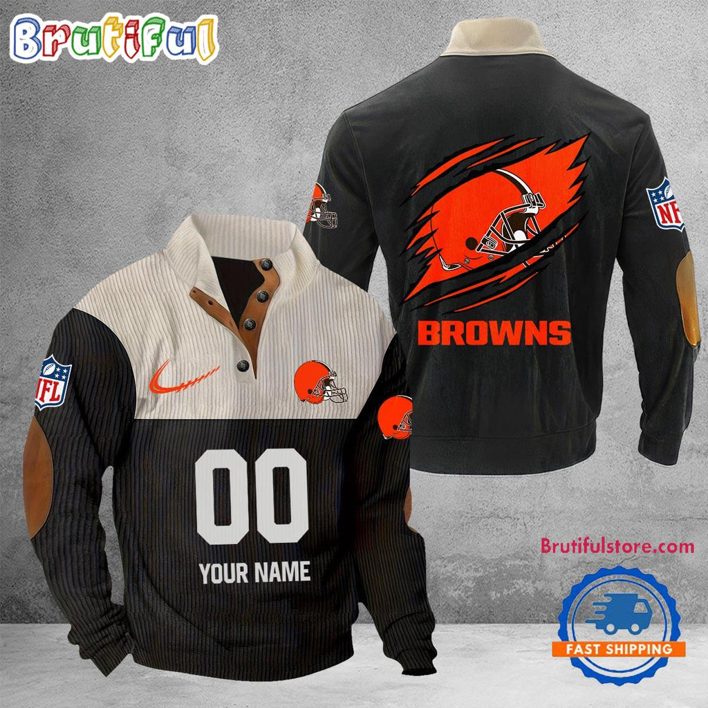 NFL Cleveland Browns Football Team Custom Name And Number Buttoned Collar Sweatshirt
