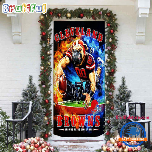 NFL Cleveland Browns Mascot Football Christmas Door Cover, Football Xmas Door Cover