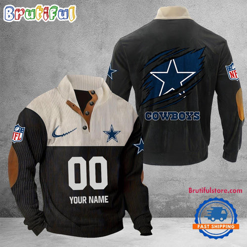 NFL Dallas Cowboys Football Team Custom Name And Number Buttoned Collar Sweatshirt