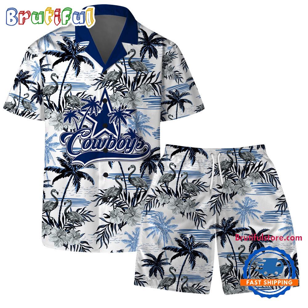 NFL Dallas Cowboys Football Team Logo Pattern Flamingo Hibiscus Summer Hawaiian Shirt And Beach Short