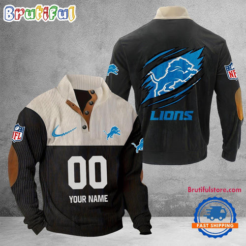 NFL Detroit Lions Football Team Custom Name And Number Buttoned Collar Sweatshirt