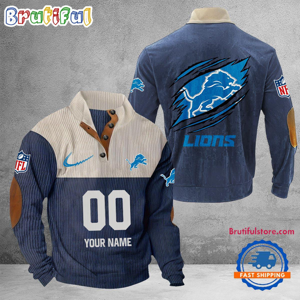 NFL Detroit Lions Football Team Custom Name And Number Buttoned Collar Sweatshirt