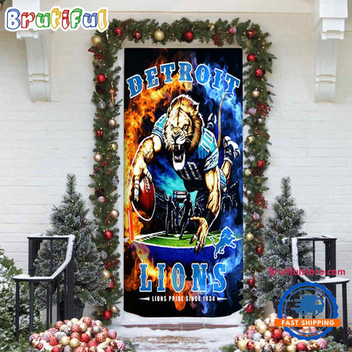 NFL Detroit Lions Mascot Football Christmas Door Cover, Football Xmas Door Cover