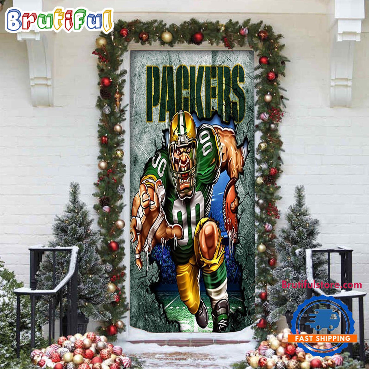 NFL Green Bay Packers Mascot Christmas Door Cover, Football Xmas Door Wrap