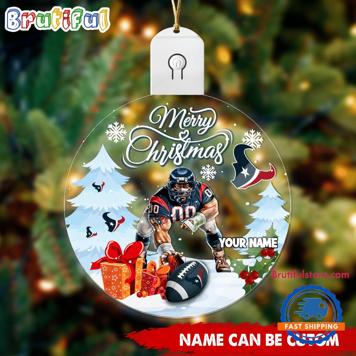 NFL Houston Texans Football Mascot Merry Christmas Led Acrylic Ornament