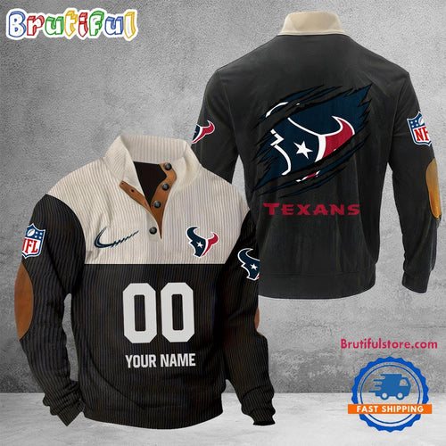 NFL Houston Texans Football Team Custom Name And Number Buttoned Collar Sweatshirt