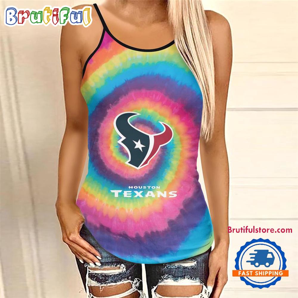 NFL Houston Texans Rainbow Pattern Summer Women’s Criss Cross Tank Top