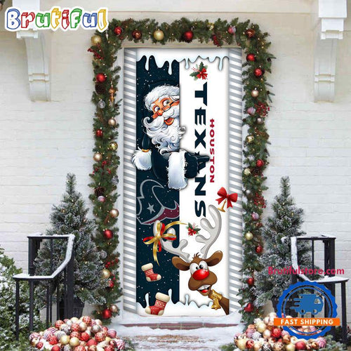 NFL Houston Texans Santa Reindeer Merry Christmas Door Cover, Football Christmas Home Decor