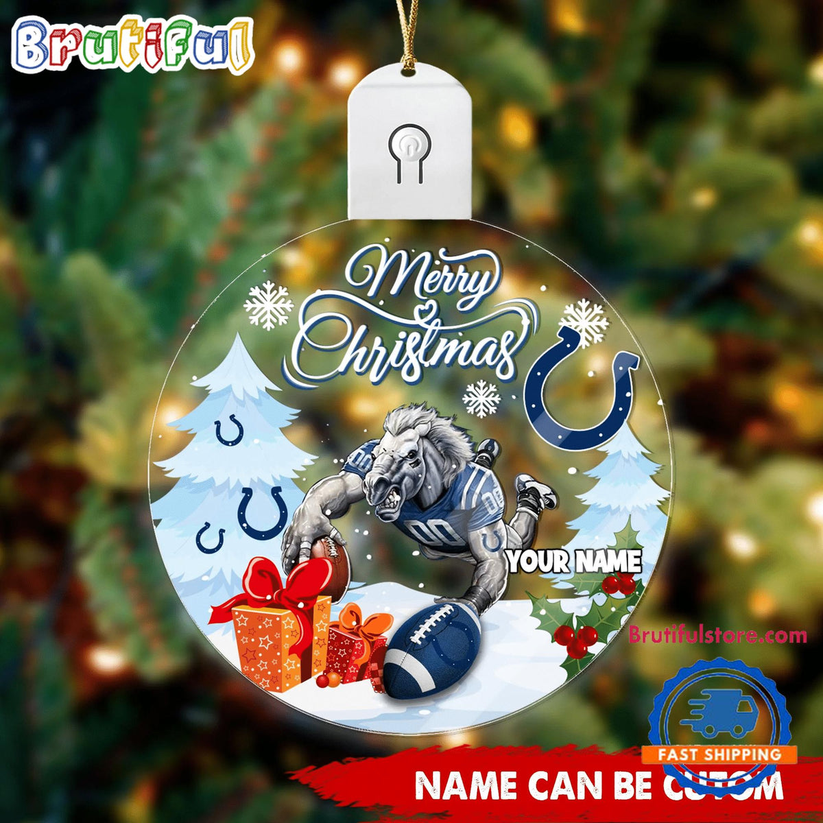 NFL Indianapolis Colts Football Mascot Merry Christmas Led Acrylic Ornament