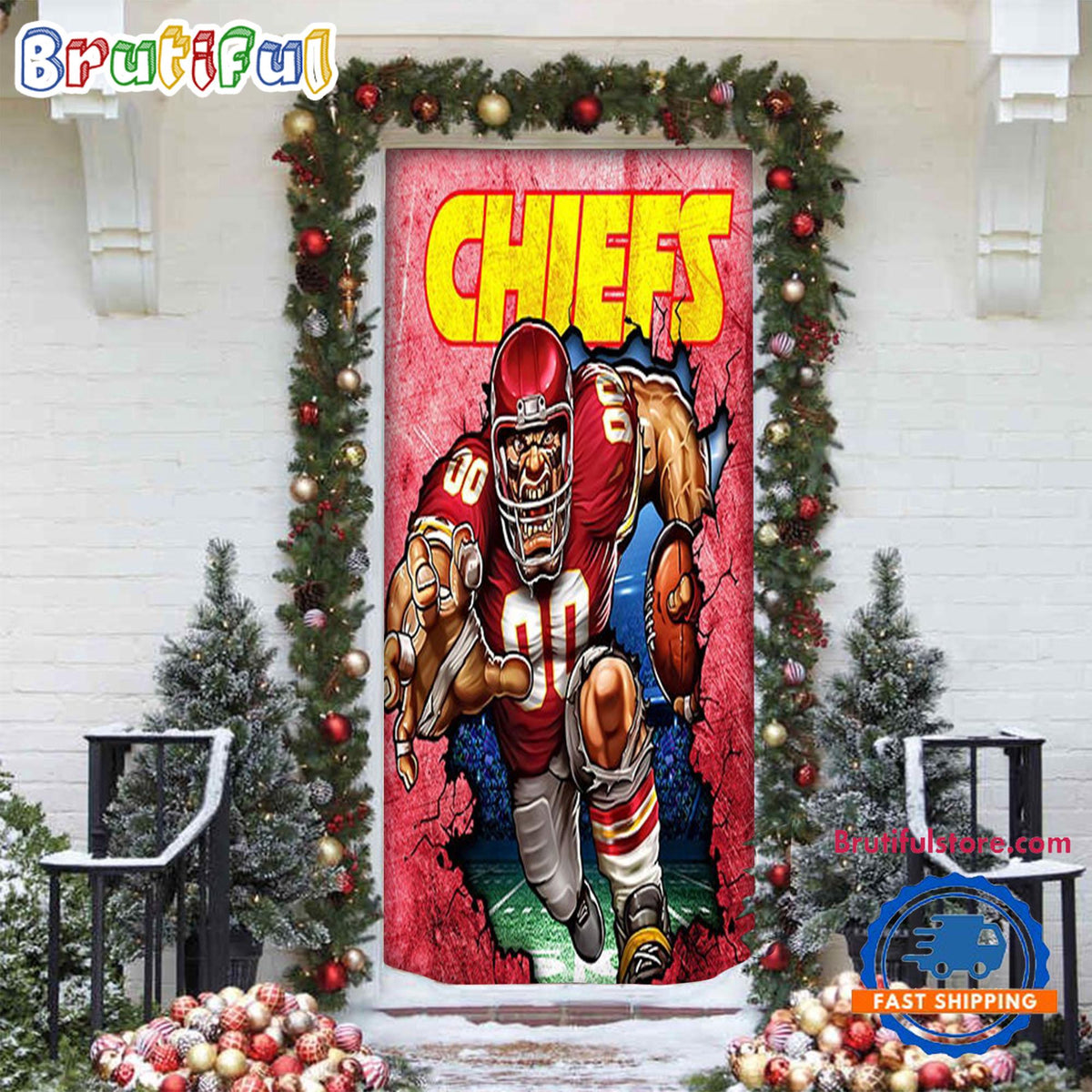 NFL Kansas City Chiefs Football Team Christmas Door Cover, Football Christmas Door Wrap