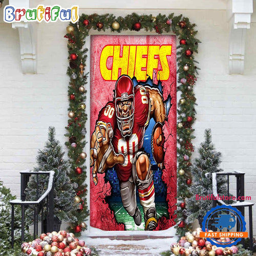 NFL Kansas City Chiefs Football Team Christmas Door Cover, Football Christmas Door Wrap