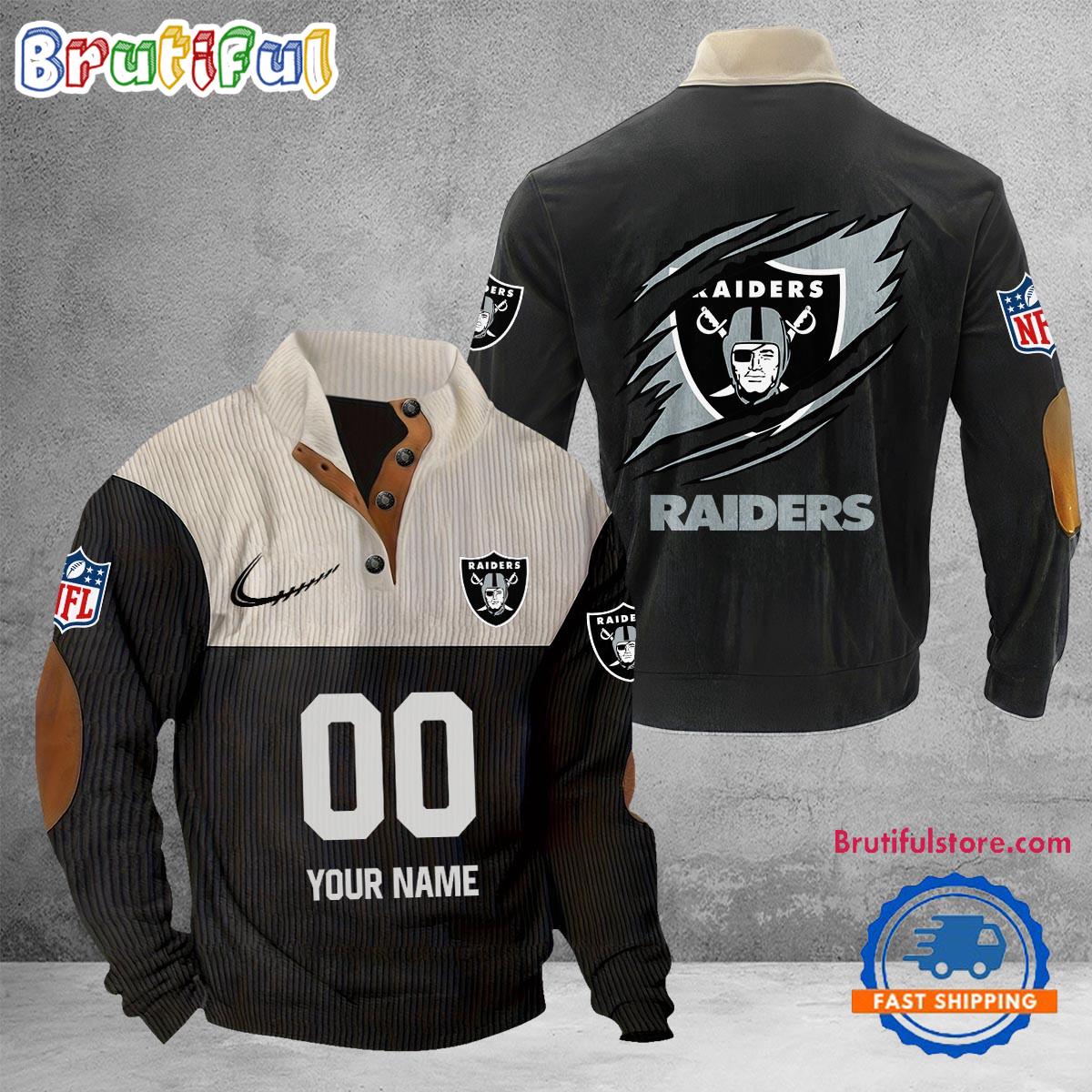 NFL Las Vegas Raiders Football Team Custom Name And Number Buttoned Collar Sweatshirt