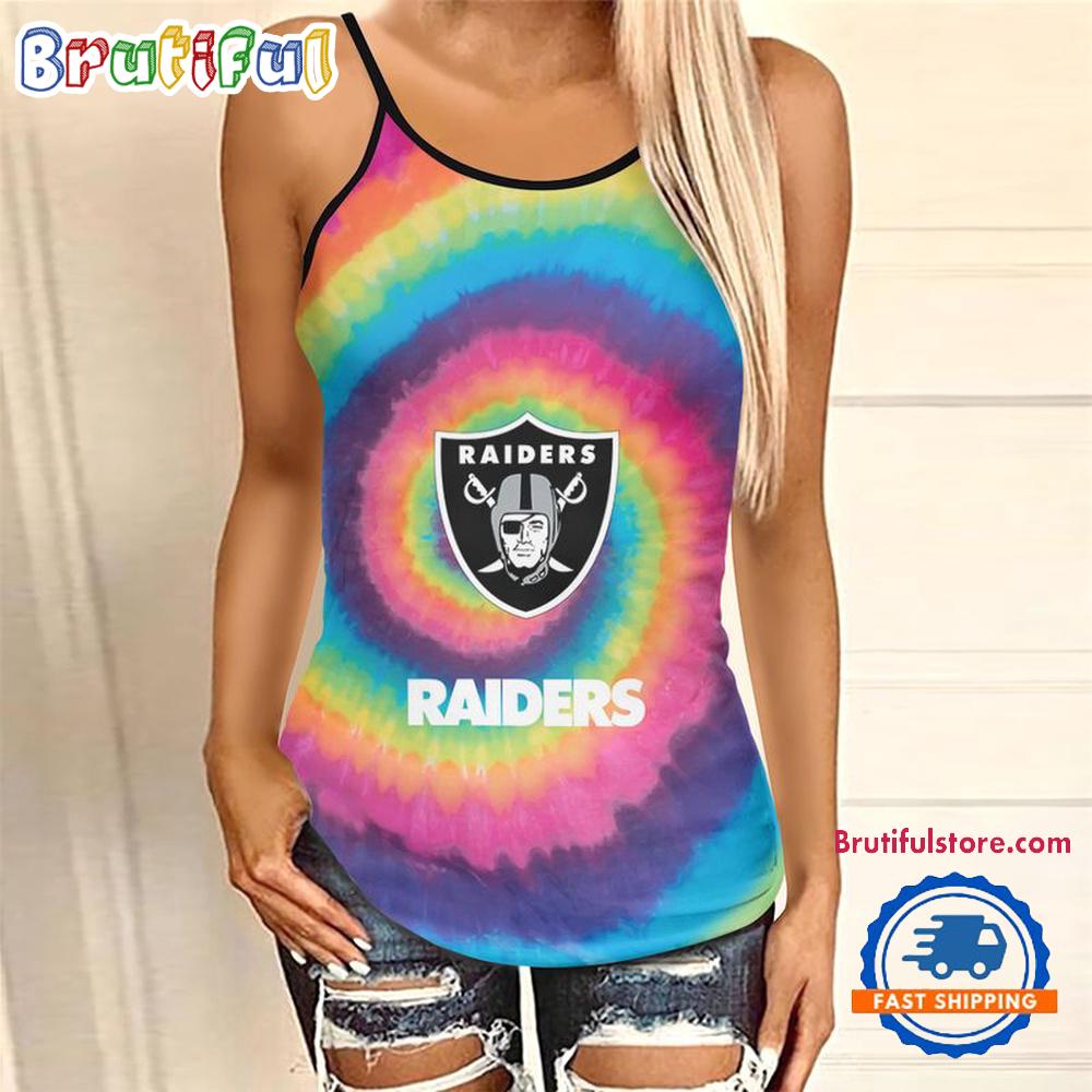 NFL Las Vegas Raiders Rainbow Pattern Summer Women’s Criss Cross Tank Top