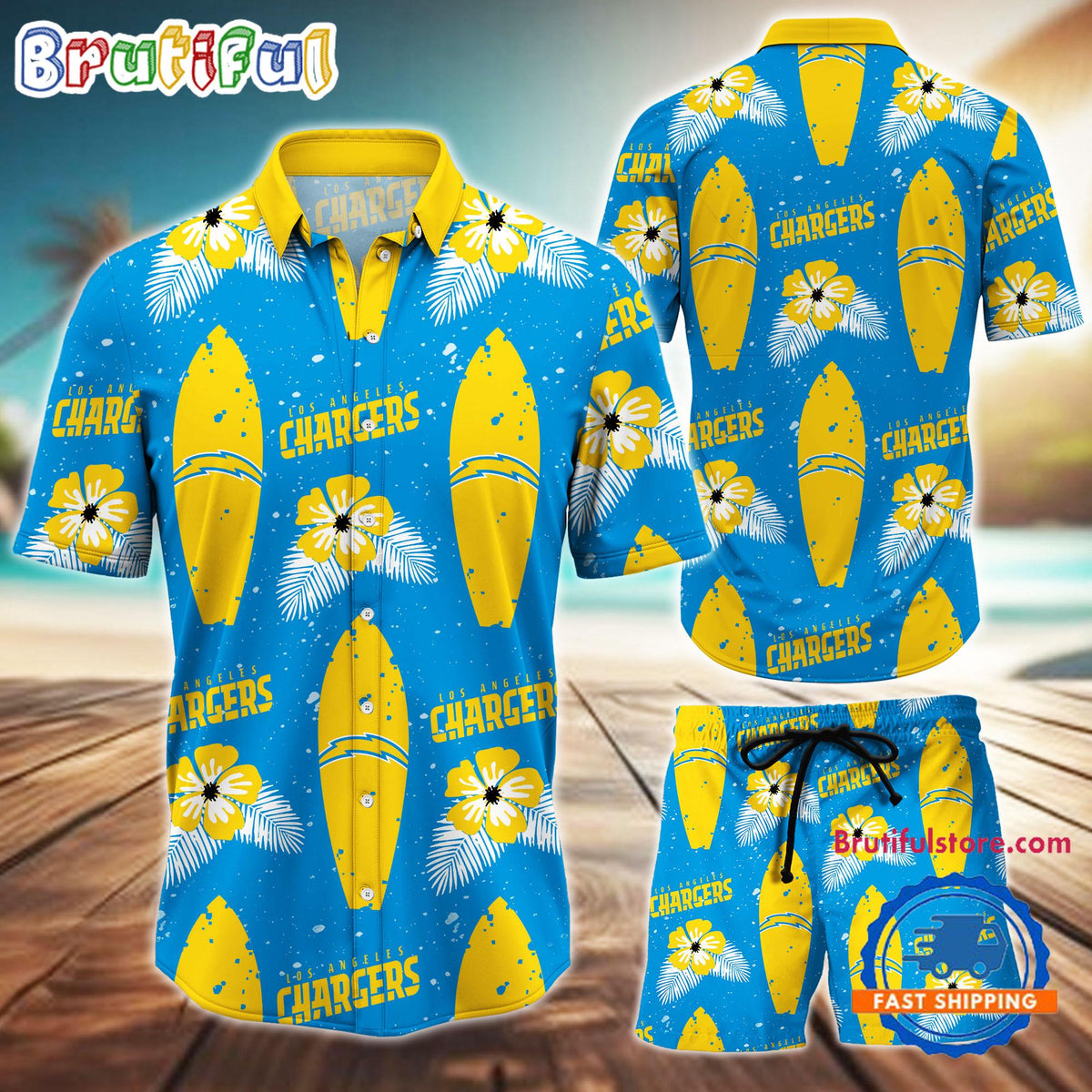NFL Los Angeles Chargers Flower Pattern Hawaiian Shirt And Shorts, Football Summer Hawaiian Set