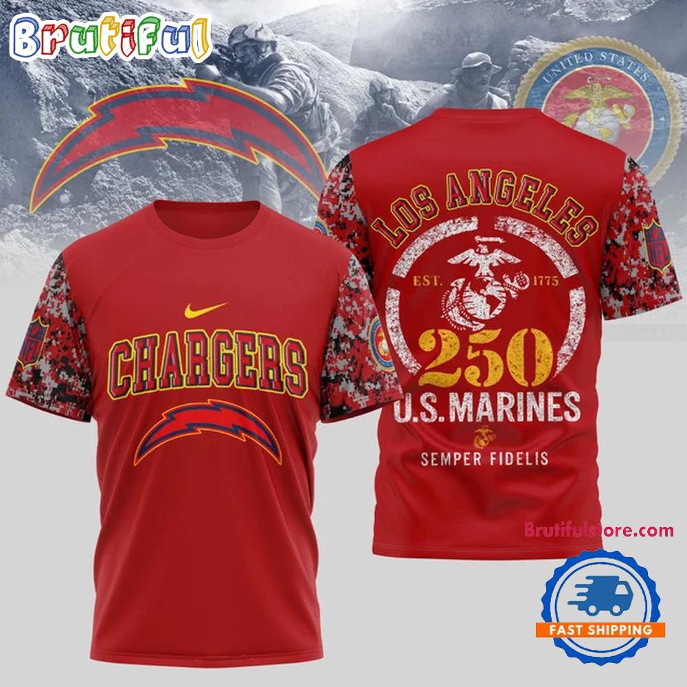 NFL Los Angeles Chargers US Marines 250 Years Semper Fidelis 3D Shirt