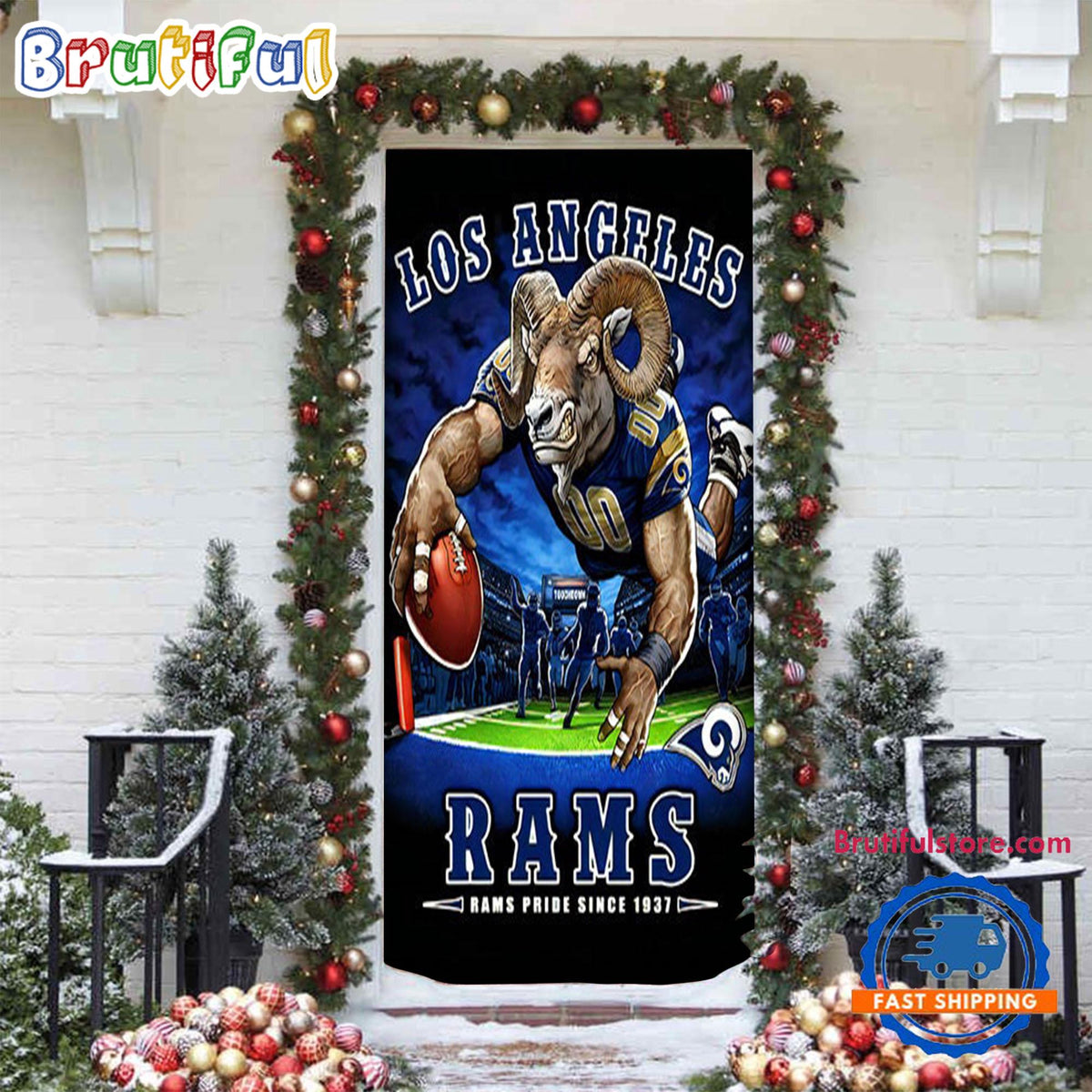 NFL Los Angeles Rams Mascot Football Christmas Door Cover, Football Xmas Door Cover