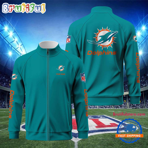 NFL Miami Dolphins Football Logo Team Standing Neck Zipper Jacket, Custom Football Zipper Jacket