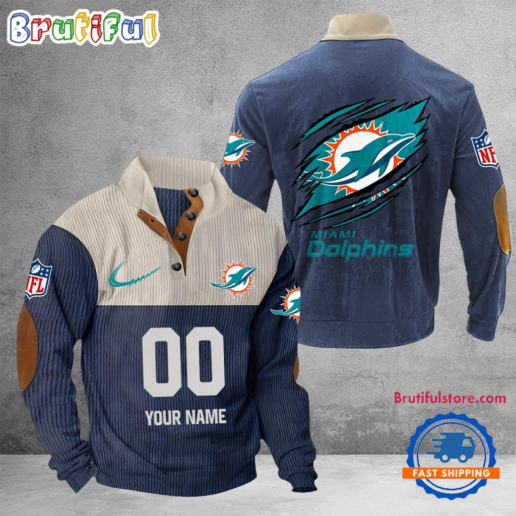 NFL Miami Dolphins Football Team Custom Name And Number Buttoned Collar Sweatshirt