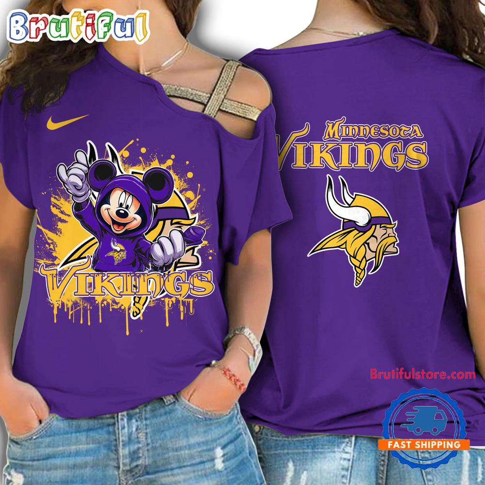 NFL Minnesota Vikings Mickey Mouse Women’s Cross Strap Shoulder Shirt, Football One Shoulder Shirt