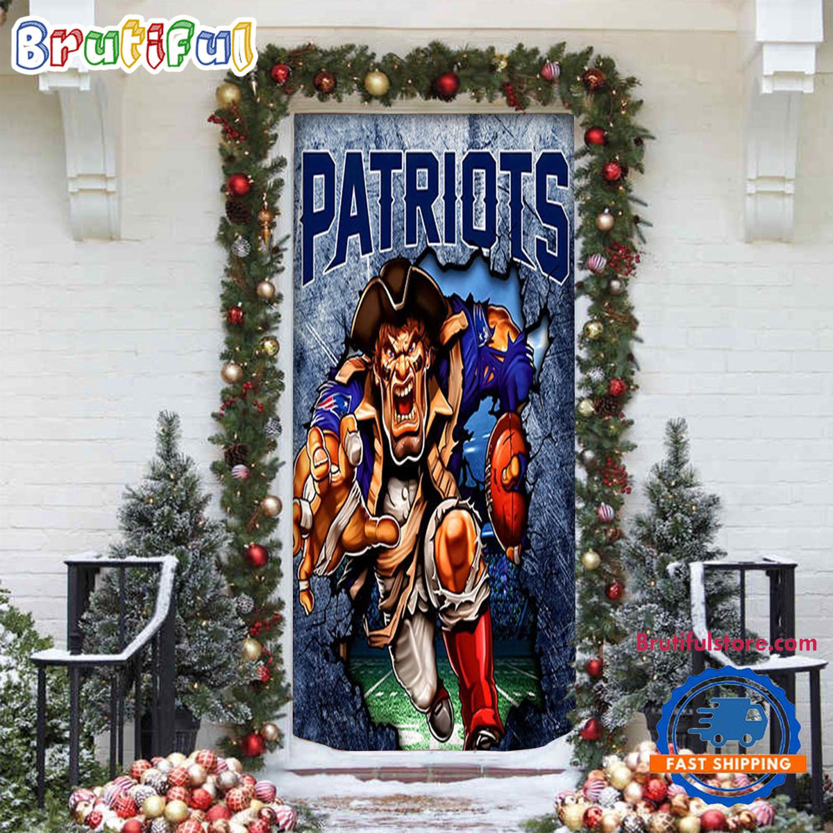 NFL New England Patriots Football Team Christmas Door Cover, Football Christmas Door Wrap