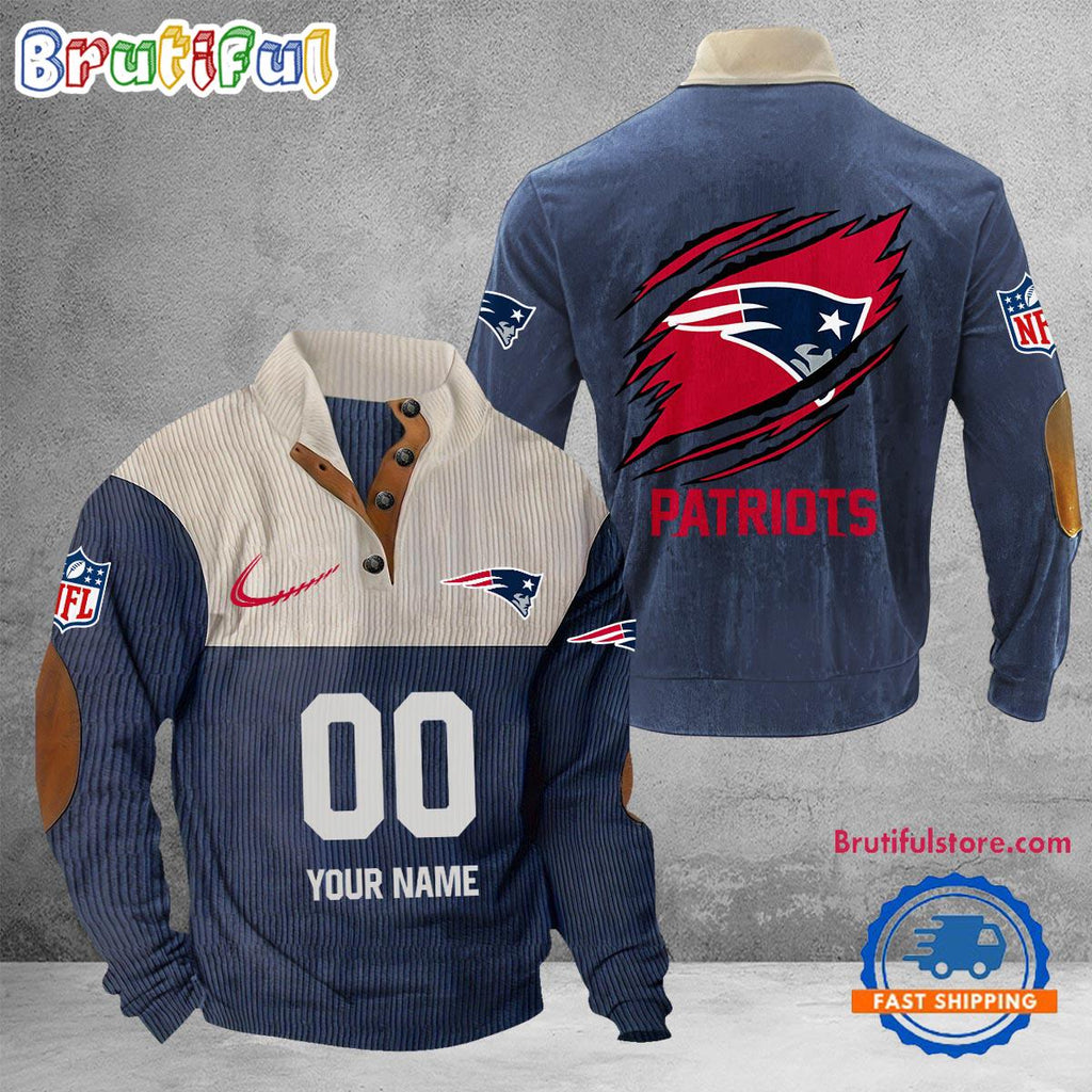 NFL New England Patriots Football Team Custom Name And Number Buttoned Collar Sweatshirt