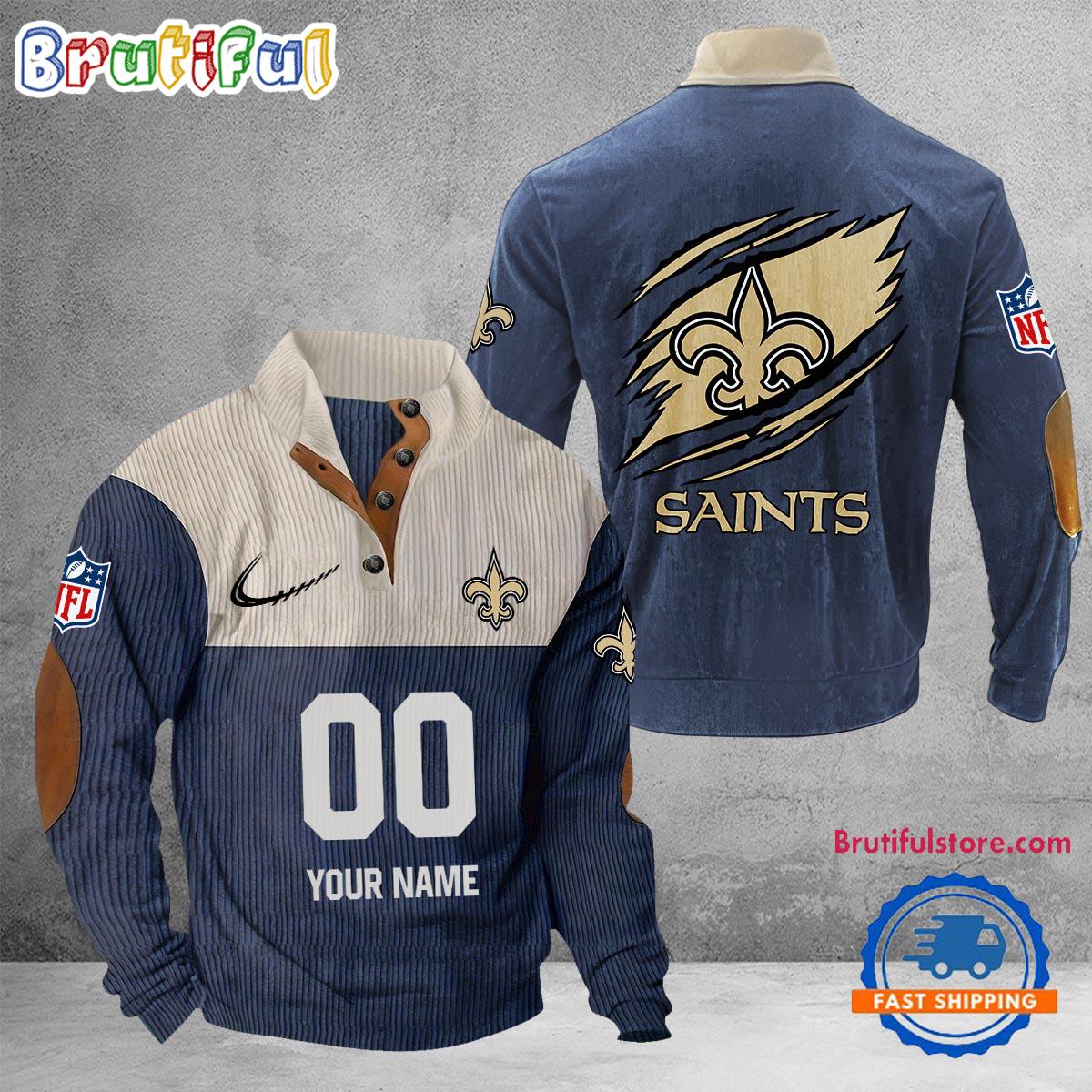 NFL New Orleans Saints Football Team Custom Name And Number Buttoned Collar Sweatshirt