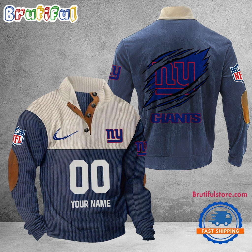 NFL New York Giants Football Team Custom Name And Number Buttoned Collar Sweatshirt