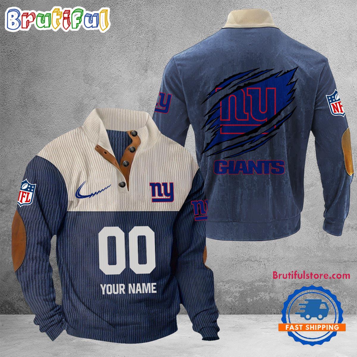 NFL New York Giants Football Team Custom Name And Number Buttoned Collar Sweatshirt
