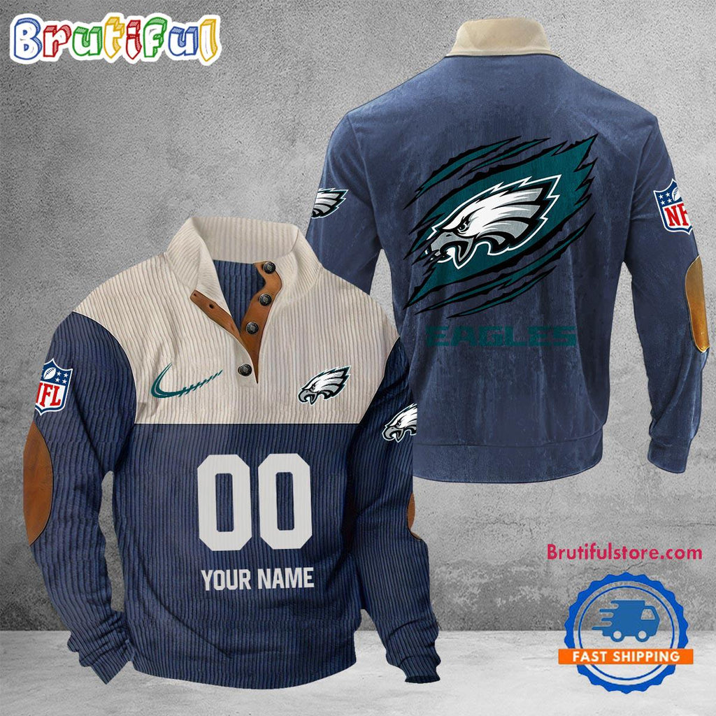 NFL Philadelphia Eagles Football Team Custom Name And Number Buttoned Collar Sweatshirt