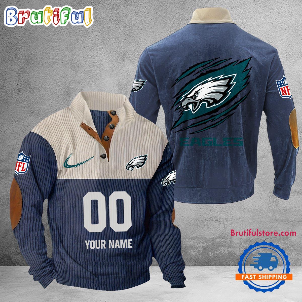 NFL Philadelphia Eagles Football Team Custom Name And Number Buttoned Collar Sweatshirt