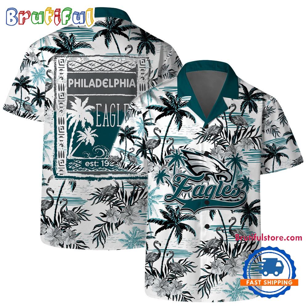 NFL Philadelphia Eagles Football Team Logo Pattern Flamingo Hibiscus Summer Hawaiian Shirt And Beach Short