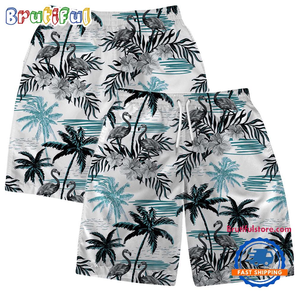 NFL Philadelphia Eagles Football Team Logo Pattern Flamingo Hibiscus Summer Hawaiian Shirt And Beach Short