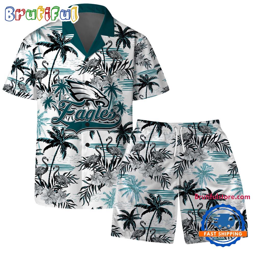 NFL Philadelphia Eagles Football Team Logo Pattern Flamingo Hibiscus Summer Hawaiian Shirt And Beach Short