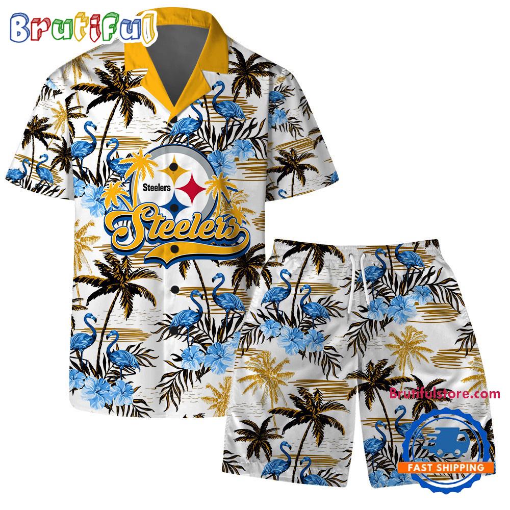 NFL Pittsburgh Steelers Football Team Logo Pattern Flamingo Hibiscus Summer Hawaiian Shirt And Beach Short