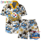 NFL Pittsburgh Steelers Football Team Logo Pattern Flamingo Hibiscus Summer Hawaiian Shirt And Beach Short