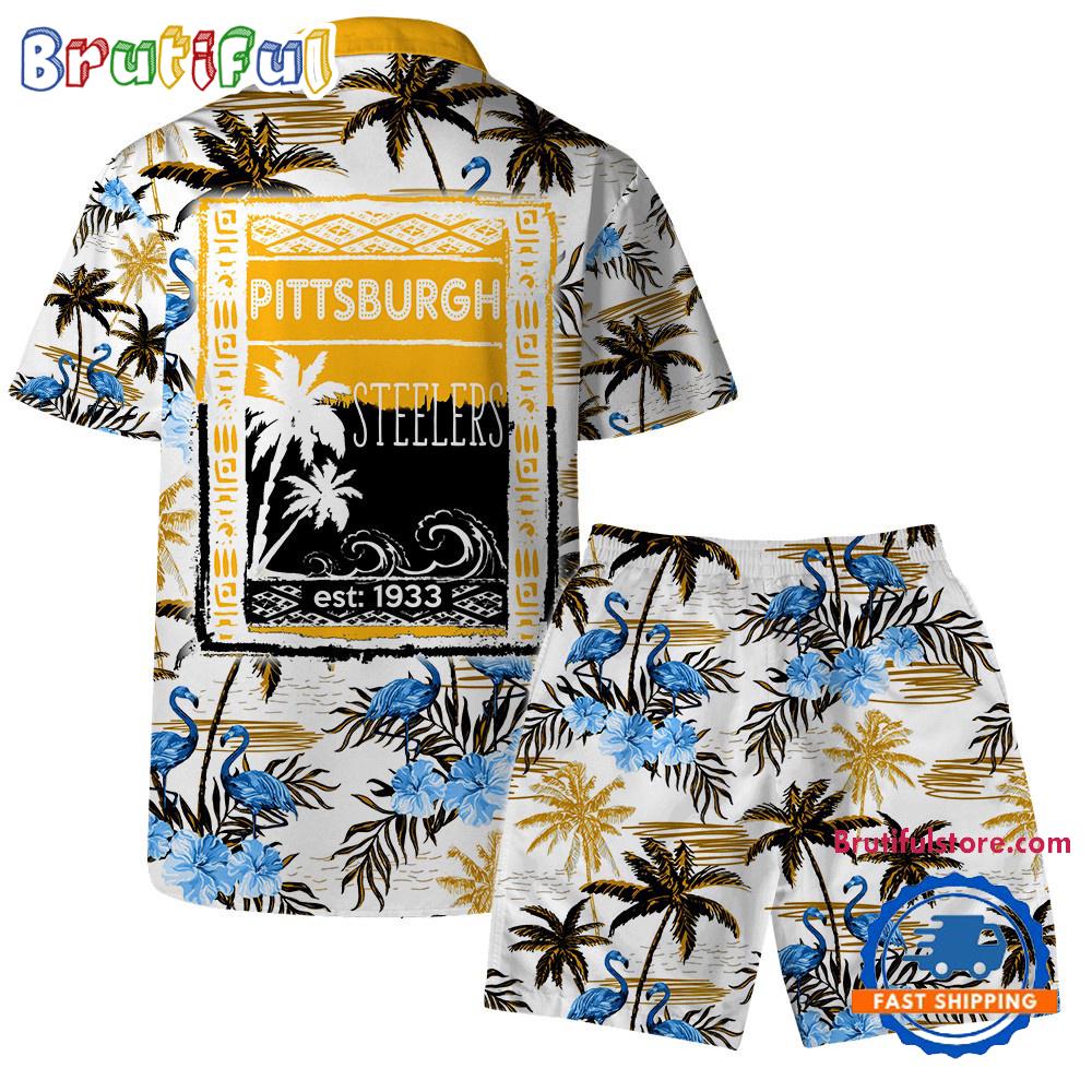 NFL Pittsburgh Steelers Football Team Logo Pattern Flamingo Hibiscus Summer Hawaiian Shirt And Beach Short