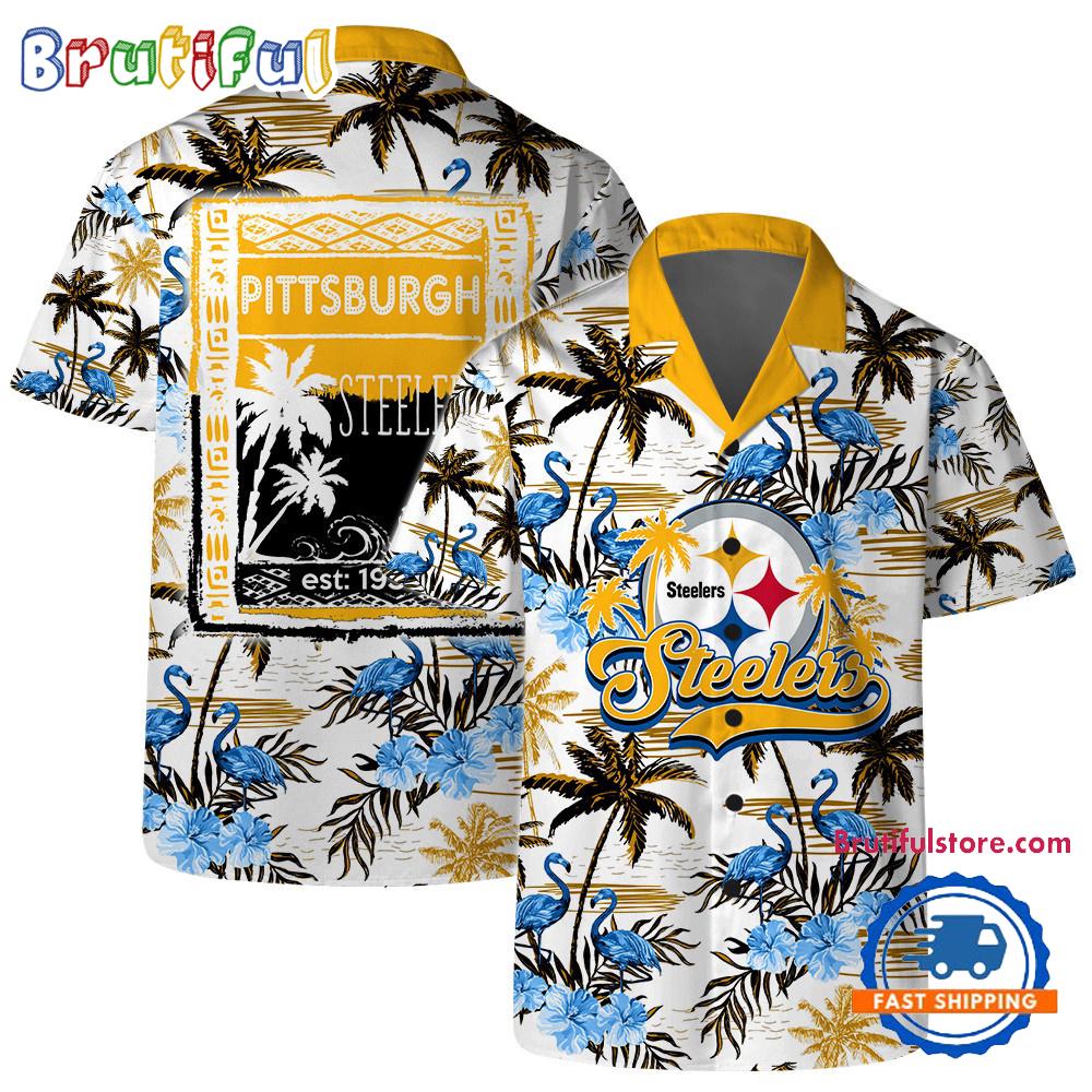 NFL Pittsburgh Steelers Football Team Logo Pattern Flamingo Hibiscus Summer Hawaiian Shirt And Beach Short