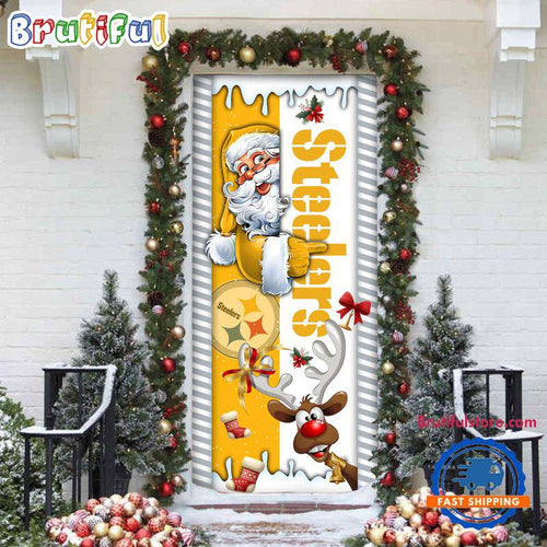 NFL Pittsburgh Steelers Santa Reindeer Merry Christmas Door Cover, Football Christmas Home Decor