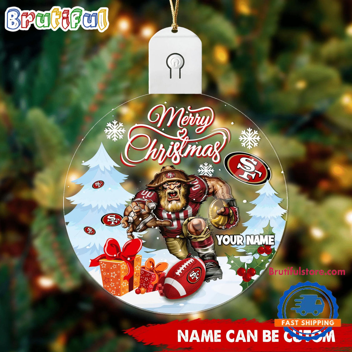 NFL San Francisco 49ers Football Mascot Merry Christmas Led Acrylic Ornament