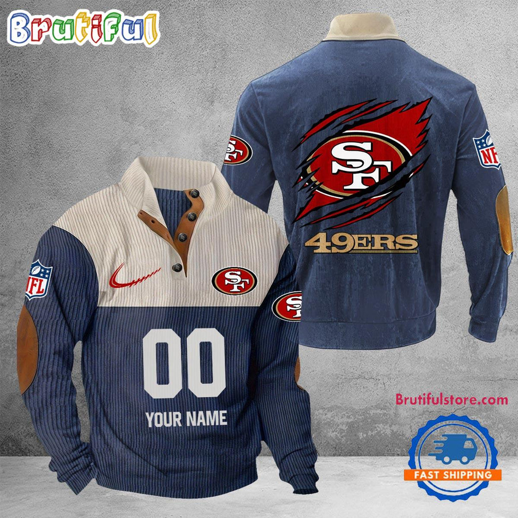 NFL San Francisco 49ers Football Team Custom Name And Number Buttoned Collar Sweatshirt