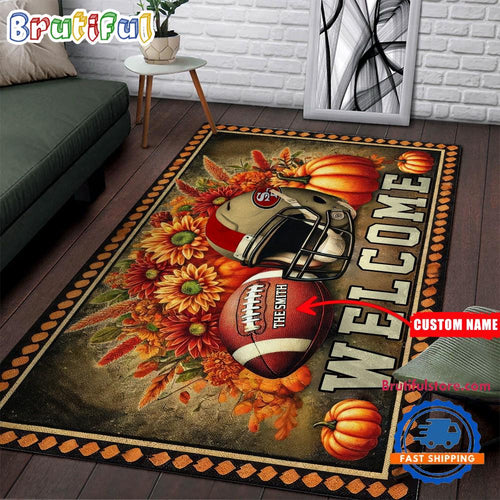 NFL San Francisco 49ers Pumpkin Flower Football Halloween Rectangle Rug
