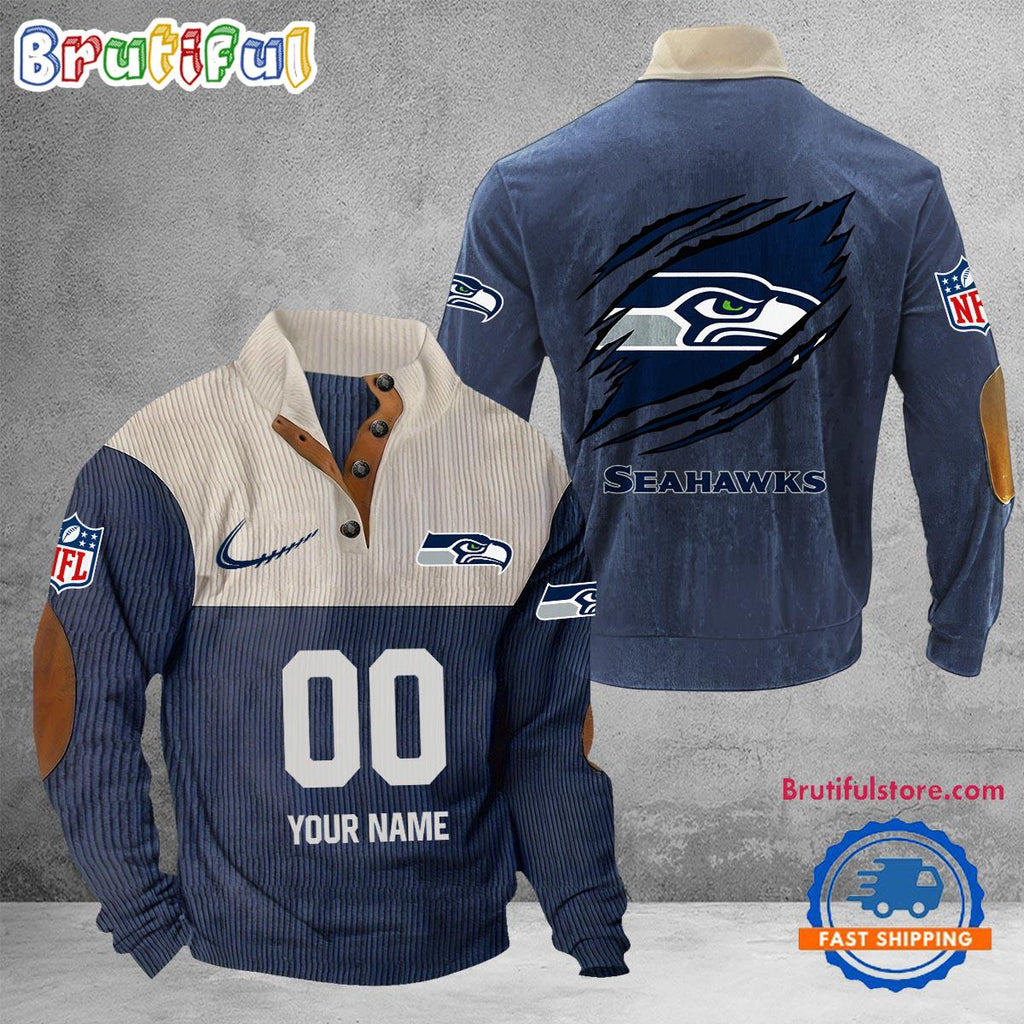 NFL Seattle Seahawks Football Team Custom Name And Number Buttoned Collar Sweatshirt