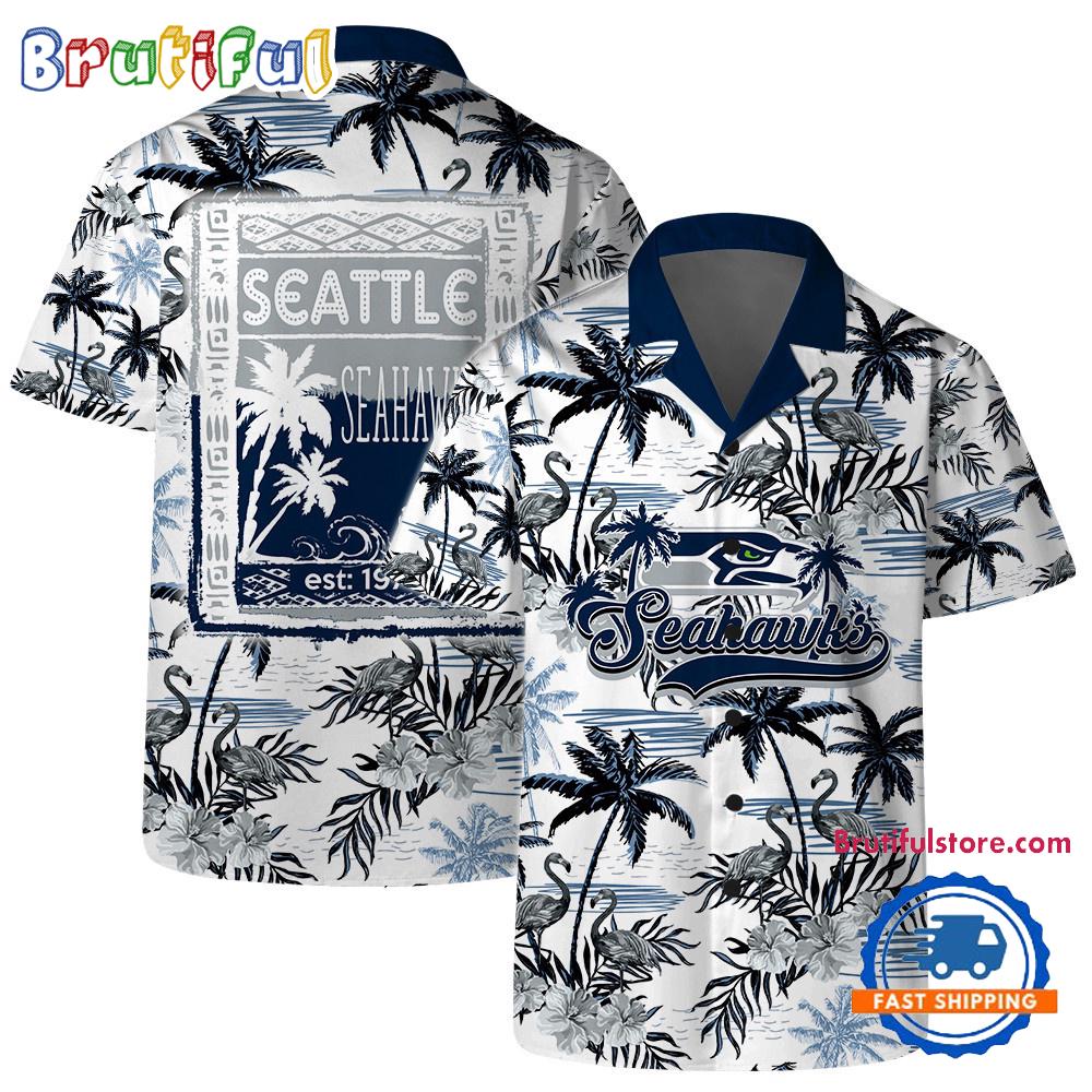 NFL Seattle Seahawks Football Team Logo Pattern Flamingo Hibiscus Summer Hawaiian Shirt And Beach Short