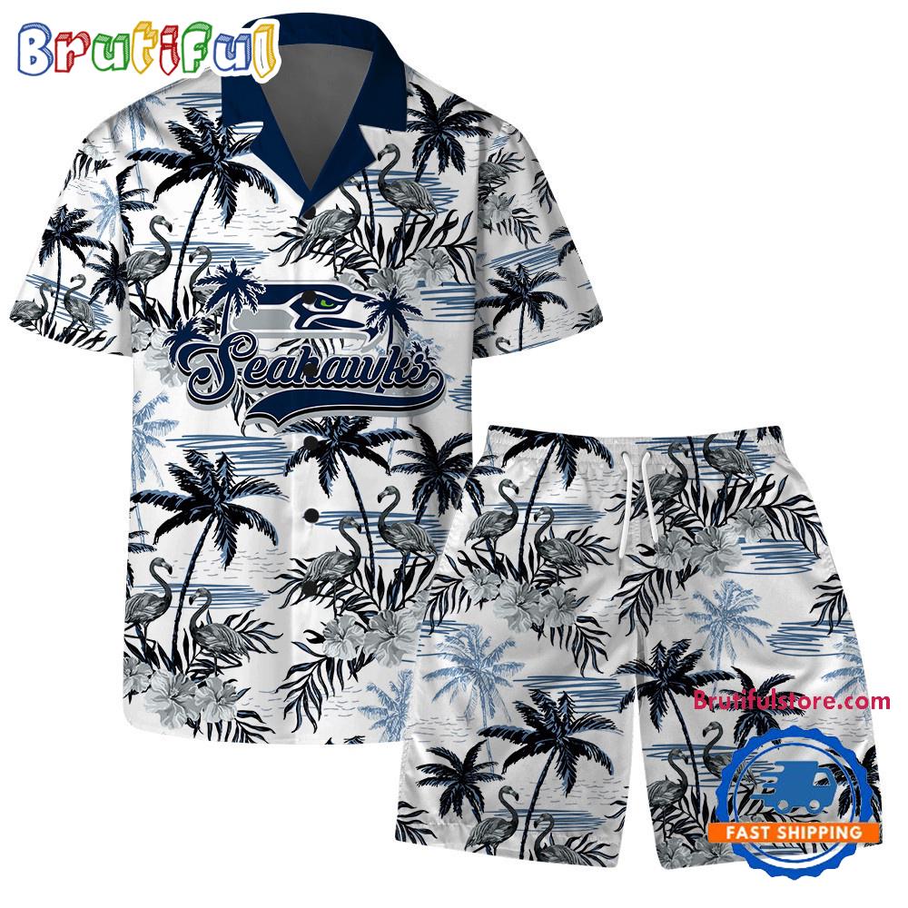 NFL Seattle Seahawks Football Team Logo Pattern Flamingo Hibiscus Summer Hawaiian Shirt And Beach Short